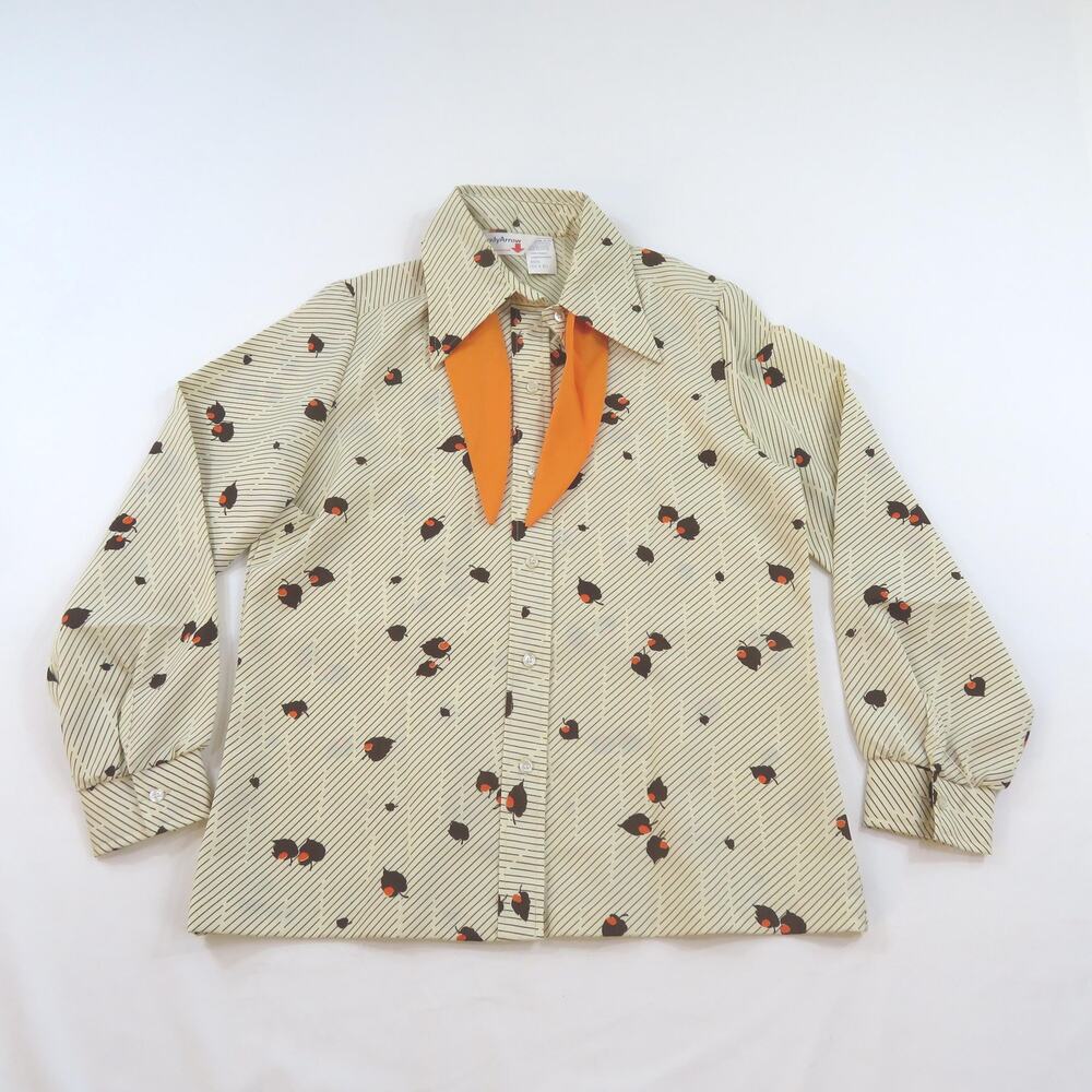 Lady Arrow Blouse Top Button Down Striped Polyester Shirt Ivory brown 18 1980s